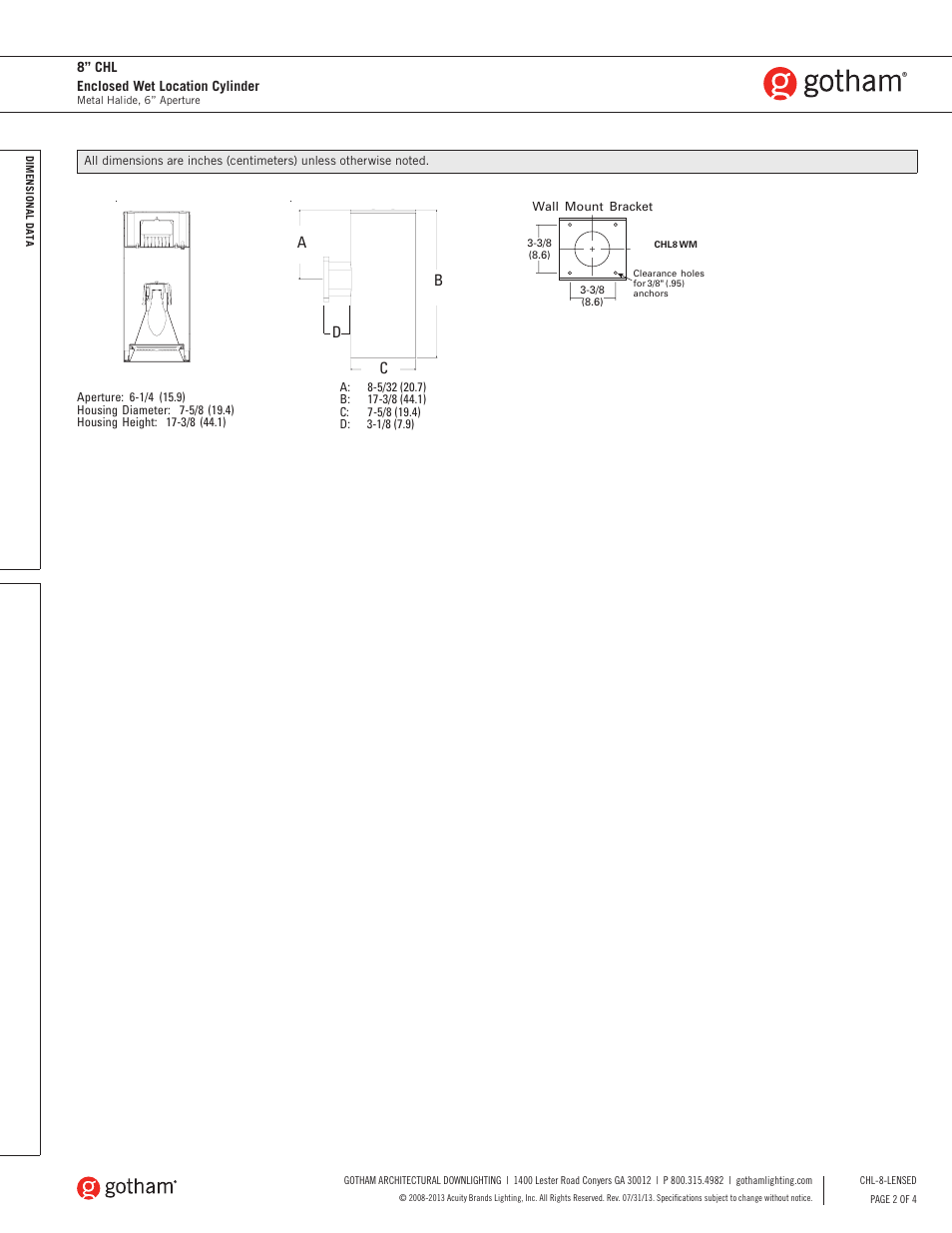 Ab c | Gotham 8 CHL Enclosed Wet Location Cylinder SpecSheet User Manual | Page 2 / 4