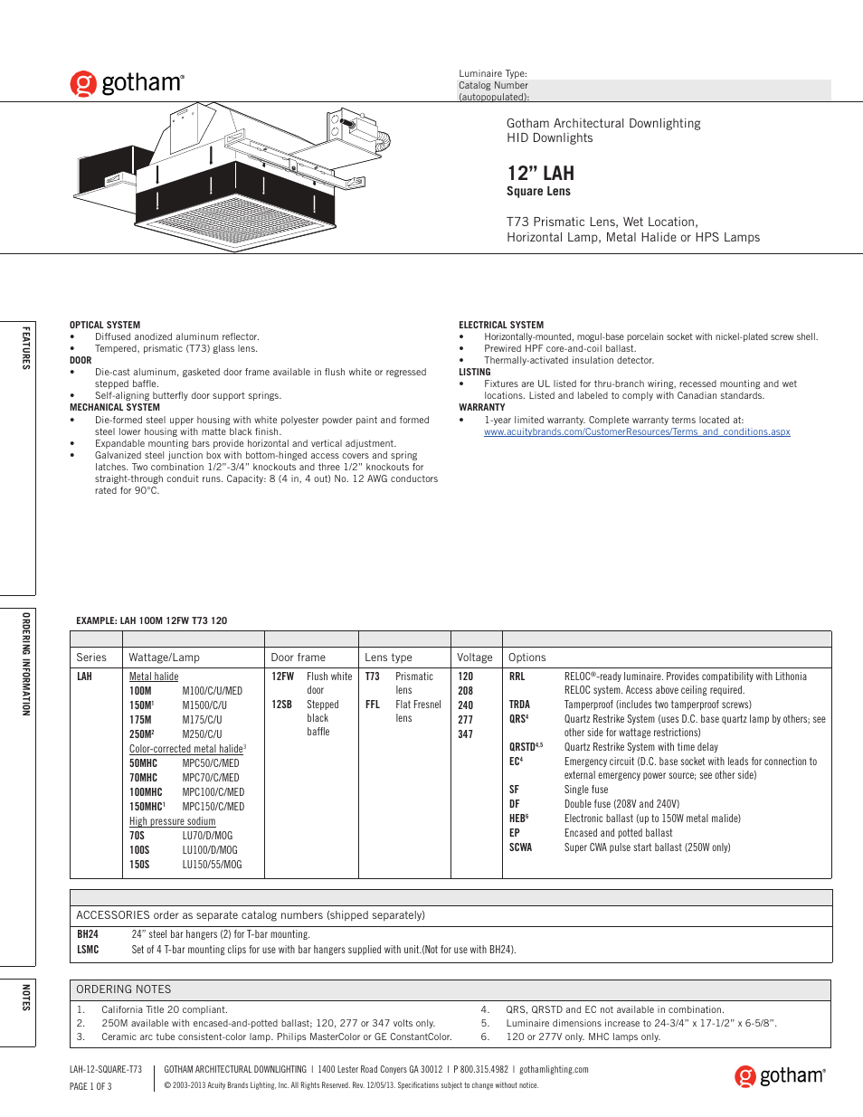 Gotham 12 LAH Square Lens T73 SpecSheet User Manual | 3 pages