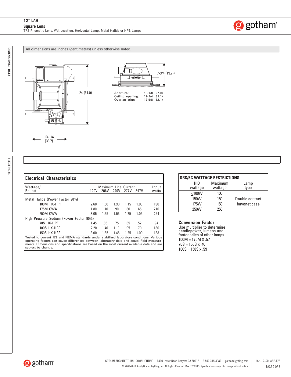 Gotham 12 LAH Square Lens T73 SpecSheet User Manual | Page 2 / 3