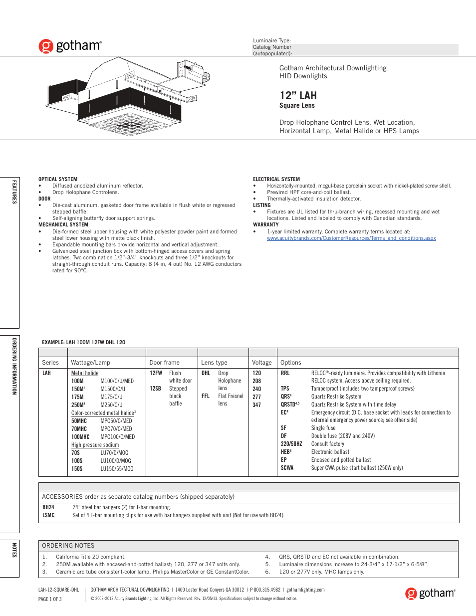 Gotham 12 LAH Square Lens DHL SpecSheet User Manual | 3 pages