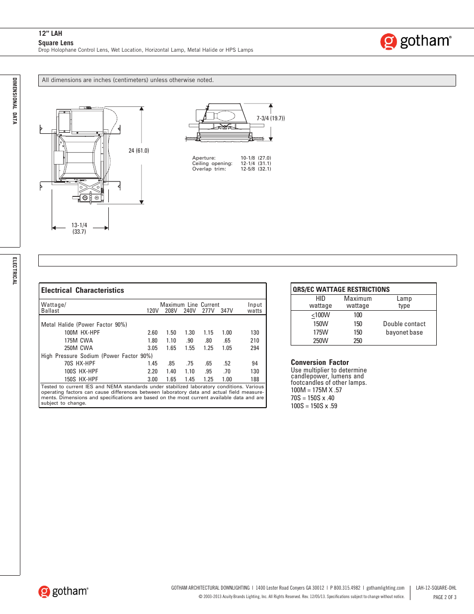 Gotham 12 LAH Square Lens DHL SpecSheet User Manual | Page 2 / 3