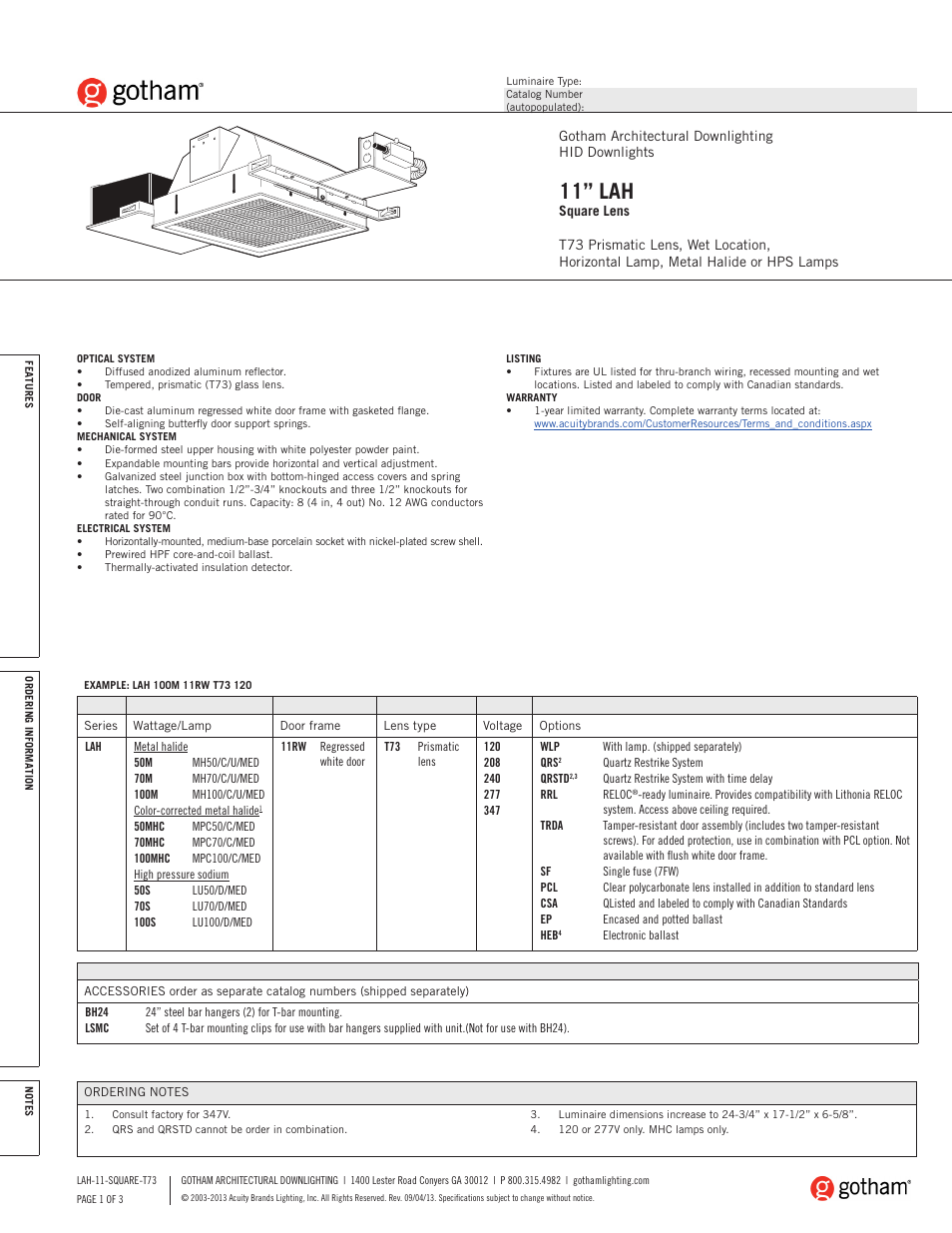 Gotham 11 LAH Square Lens T73 SpecSheet User Manual | 3 pages