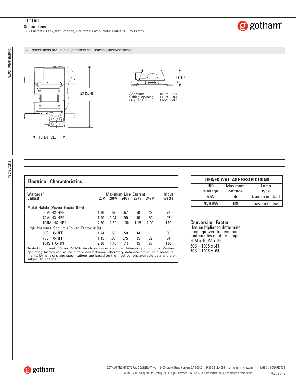 Conversion factor, Electrical characteristics | Gotham 11 LAH Square Lens T73 SpecSheet User Manual | Page 2 / 3