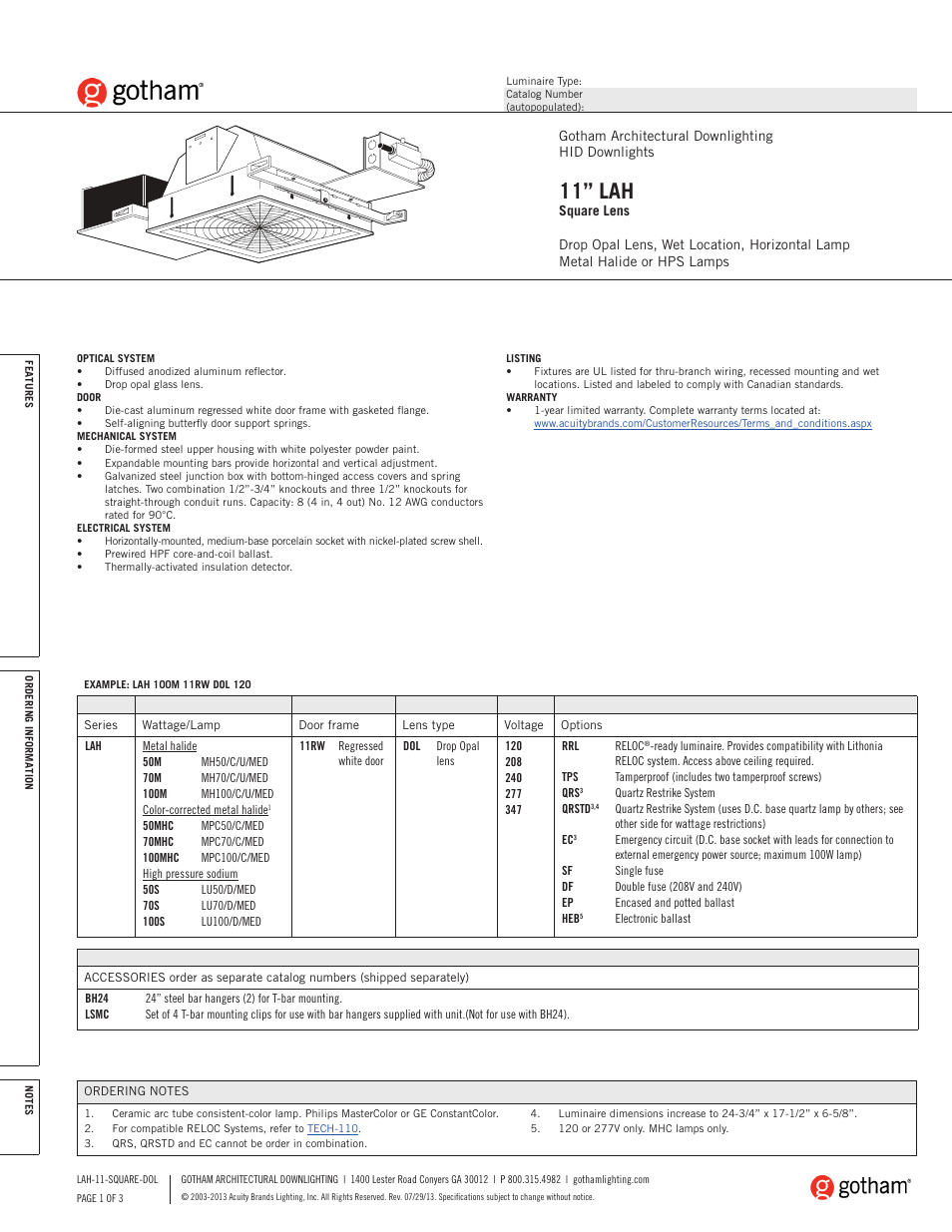 Gotham 11 LAH Square Lens DOL SpecSheet User Manual | 3 pages