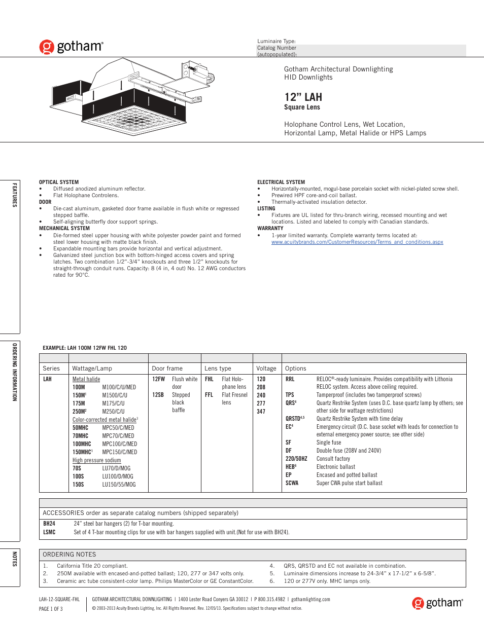 Gotham 12 LAH Square Lens FHL SpecSheet User Manual | 3 pages