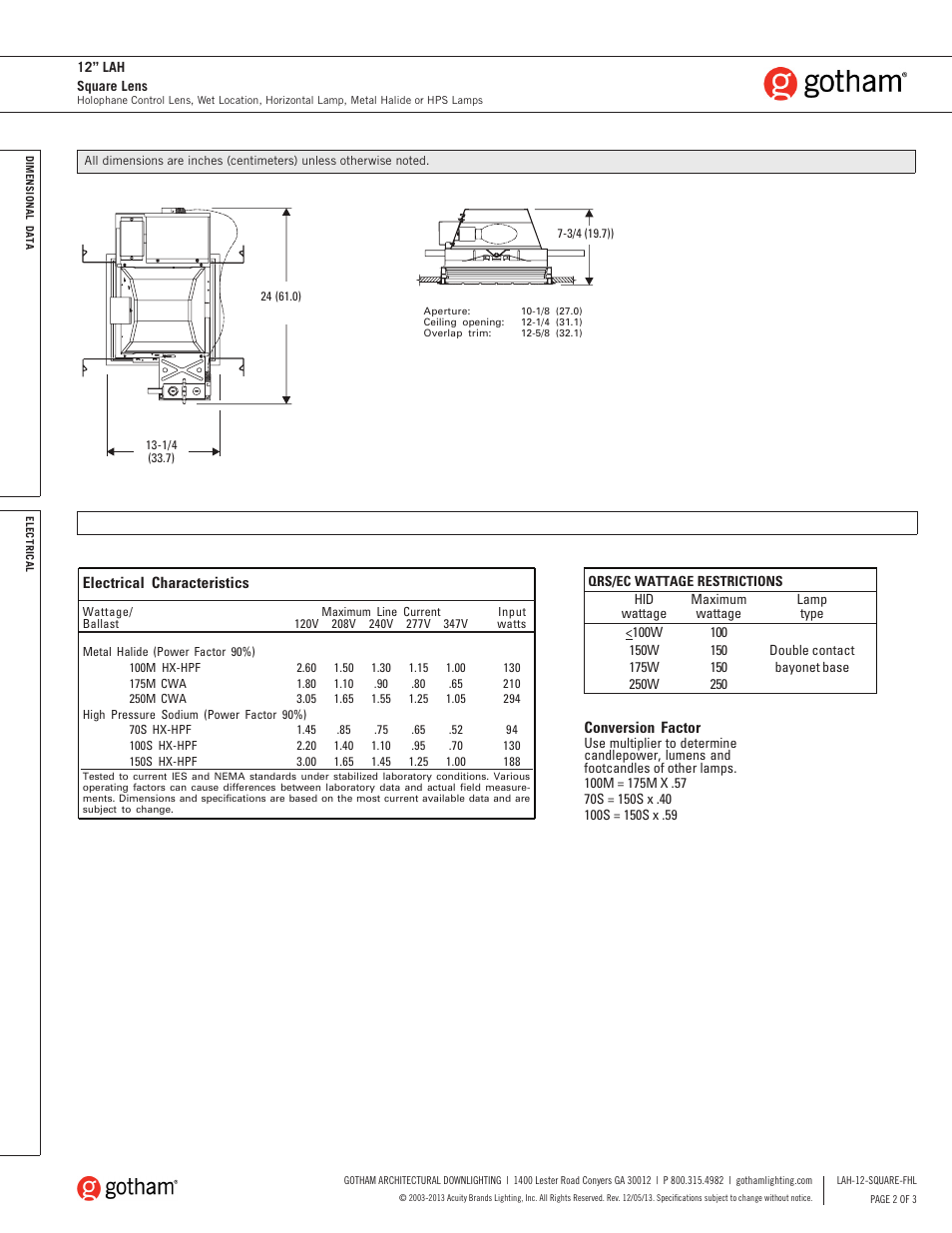Gotham 12 LAH Square Lens FHL SpecSheet User Manual | Page 2 / 3