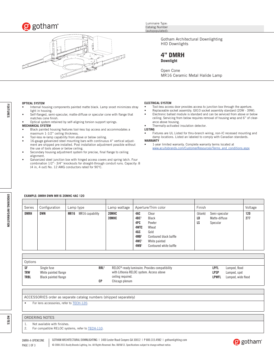 Gotham 4 DMRH Downlight SpecSheet User Manual | 3 pages