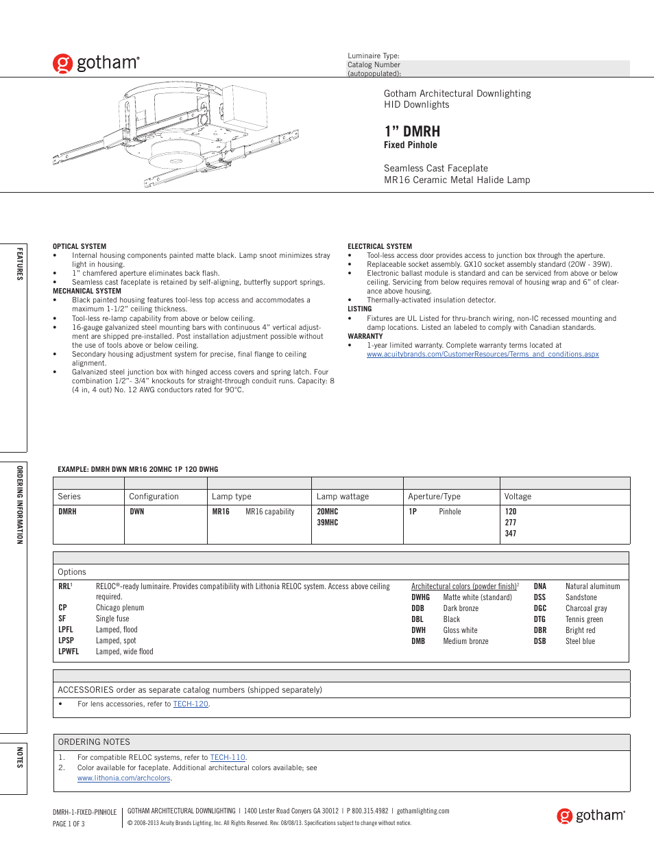 Gotham 1 DMRH Fixed Pinhole SpecSheet User Manual | 3 pages