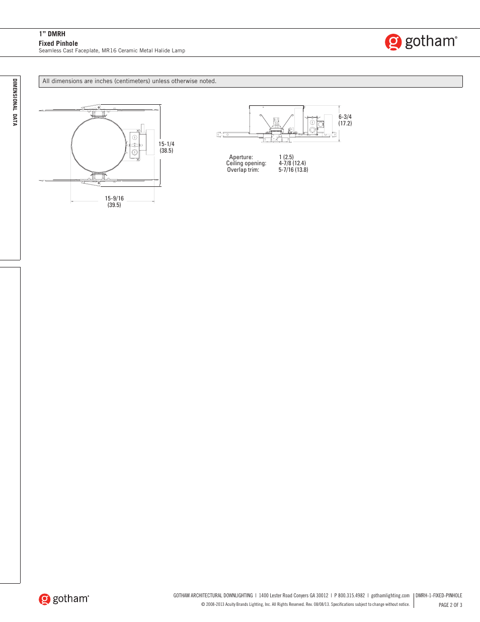 Gotham 1 DMRH Fixed Pinhole SpecSheet User Manual | Page 2 / 3