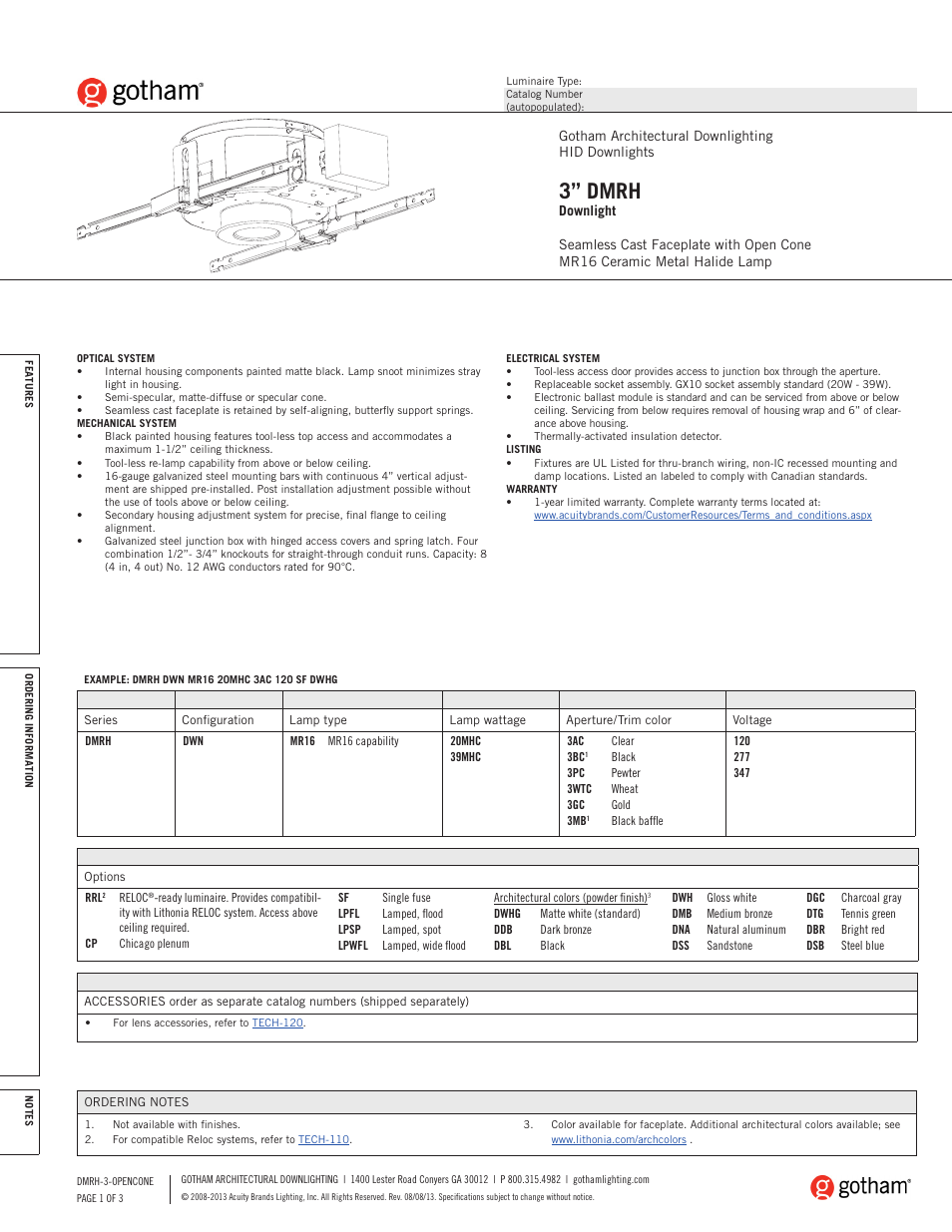 Gotham 3 DMRH Downlight SpecSheet User Manual | 3 pages