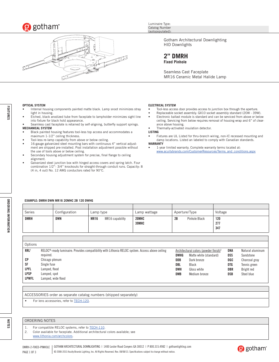 Gotham 2 DMRH Fixed Pinhole SpecSheet User Manual | 3 pages