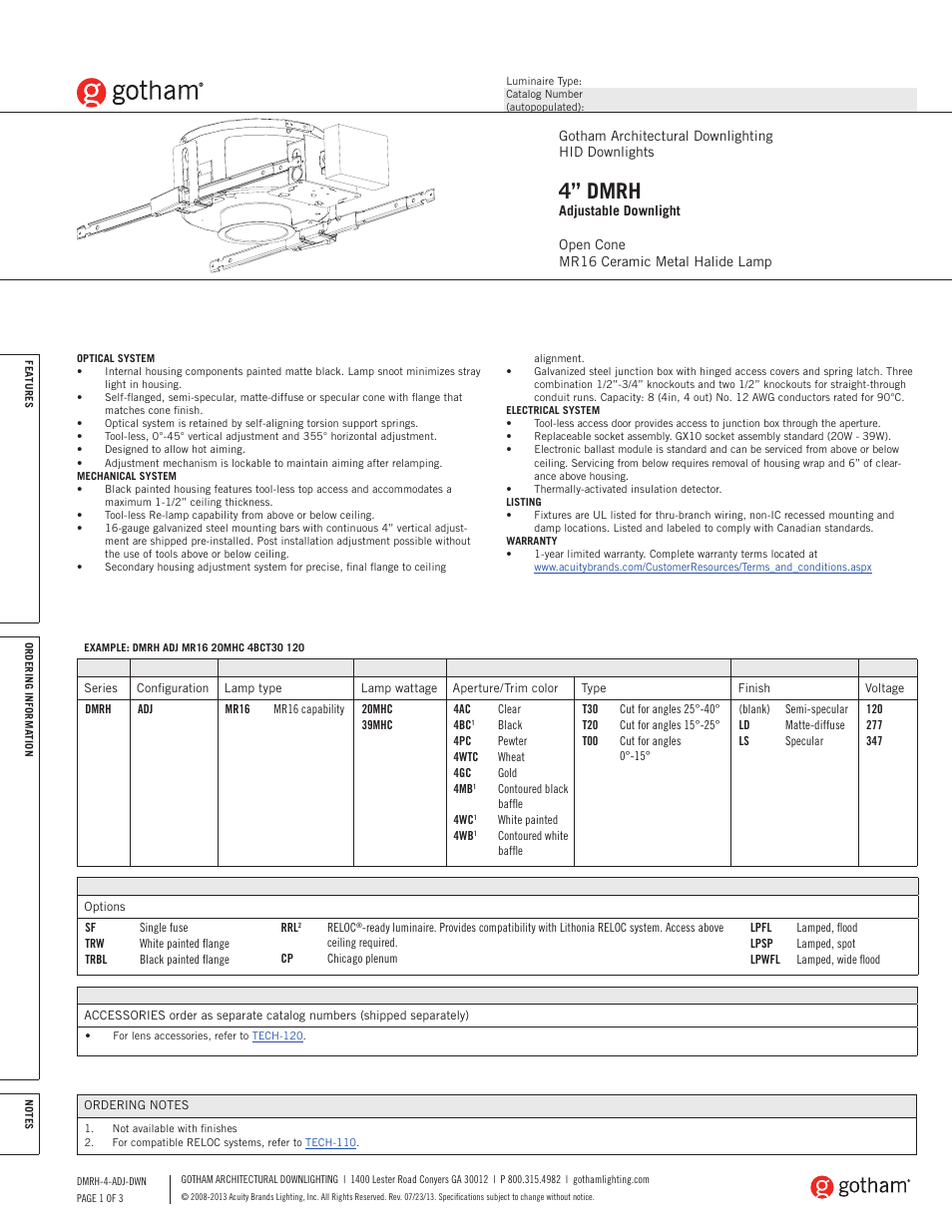 Gotham 4 DMRH Adjustable Downlight SpecSheet User Manual | 3 pages