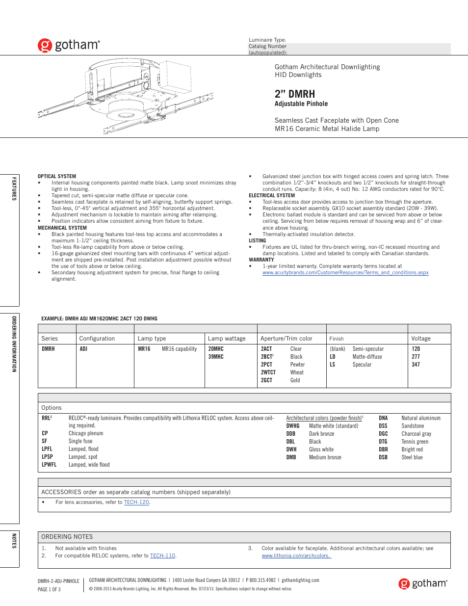 Gotham 2 DMRH Adjustable Pinhole SpecSheet User Manual | 3 pages