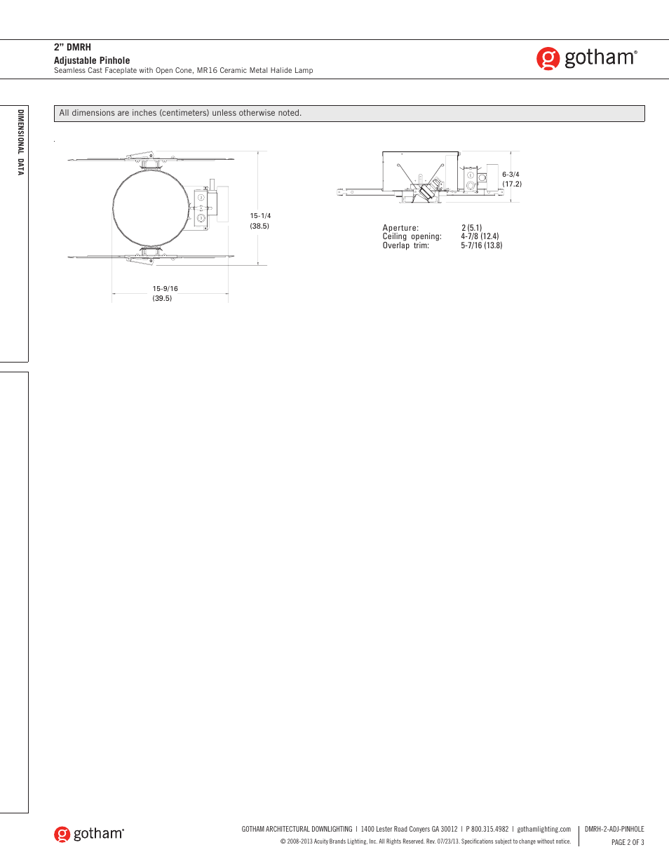 Gotham 2 DMRH Adjustable Pinhole SpecSheet User Manual | Page 2 / 3