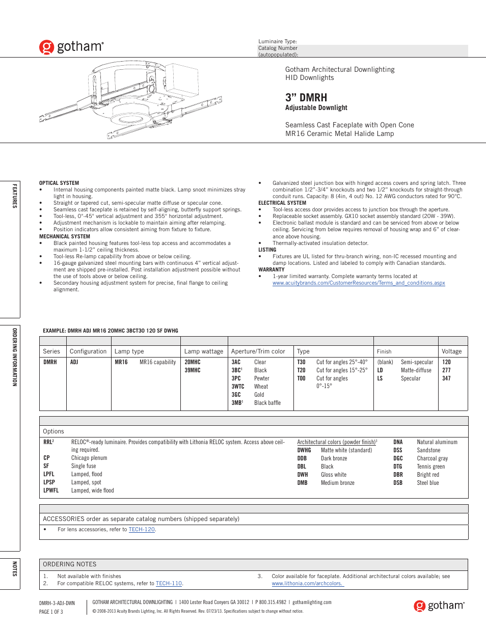 Gotham 3 DMRH Adjustable Downlight SpecSheet User Manual | 3 pages