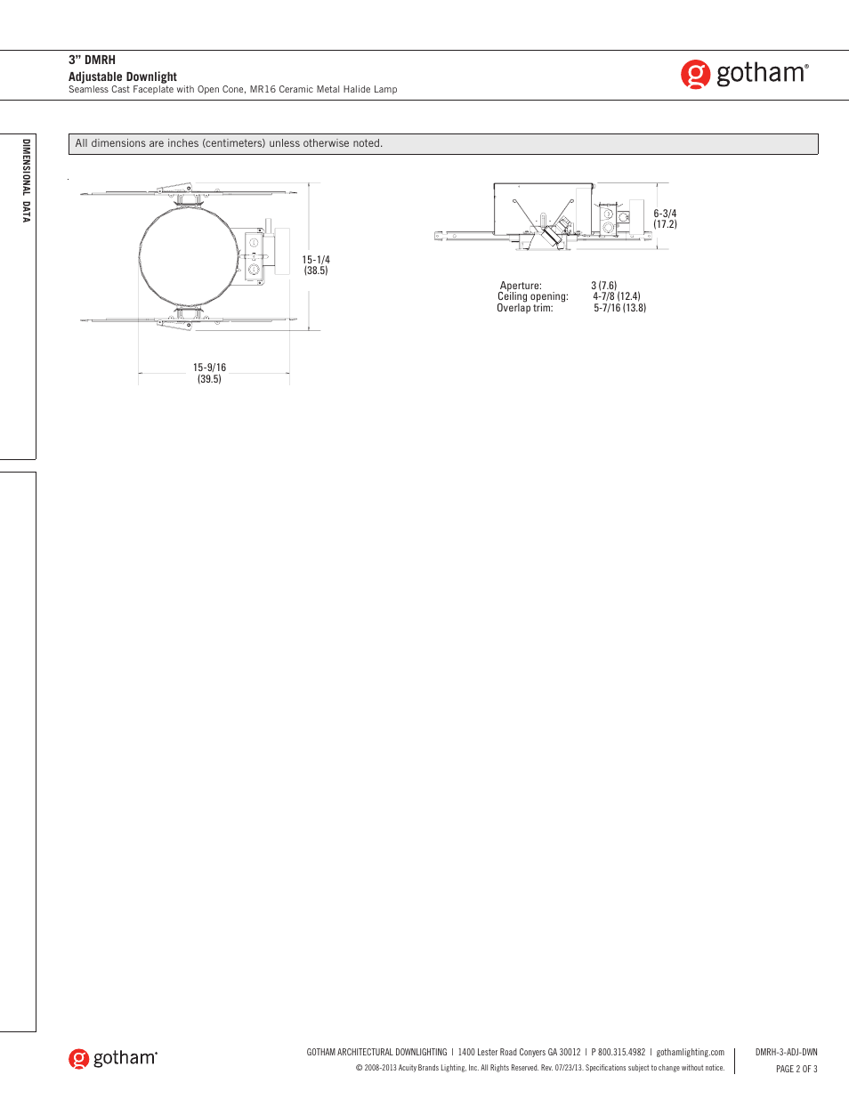 Gotham 3 DMRH Adjustable Downlight SpecSheet User Manual | Page 2 / 3