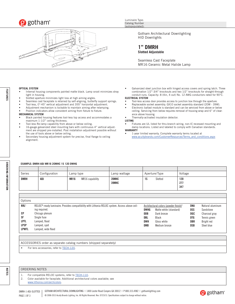 Gotham 1 DMRH Slotted Adjustable SpecSheet User Manual | 3 pages