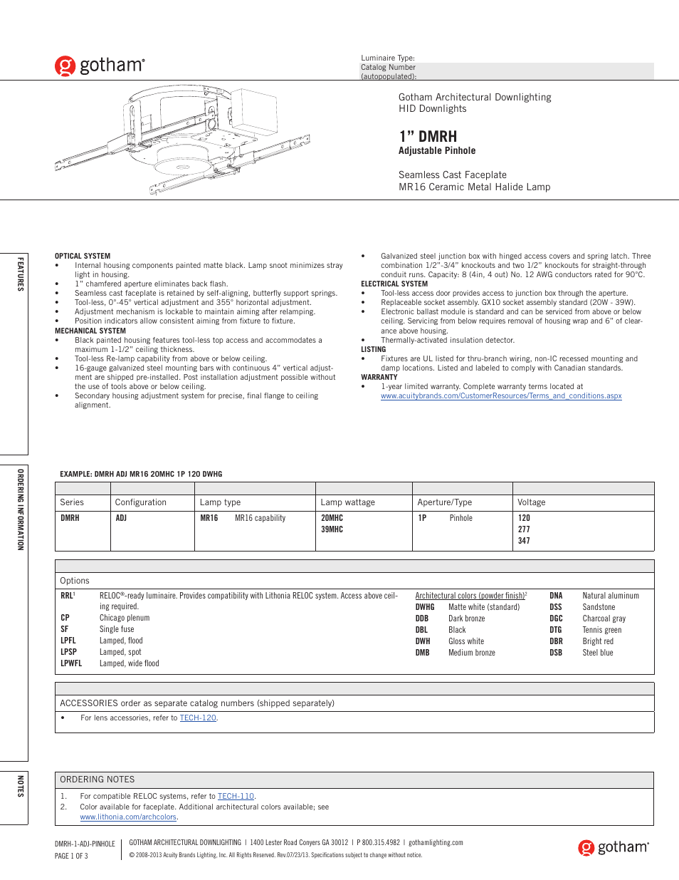 Gotham 1 DMRH Adjustable Pinhole SpecSheet User Manual | 3 pages