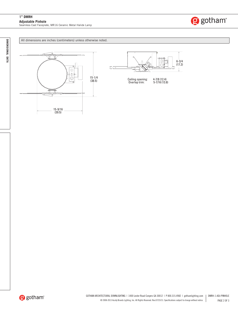 Gotham 1 DMRH Adjustable Pinhole SpecSheet User Manual | Page 2 / 3