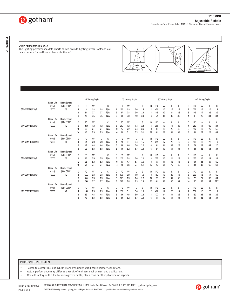 1” dmrh adjustable pinhole | Gotham 1 DMRH Adjustable Pinhole SpecSheet User Manual | Page 3 / 3