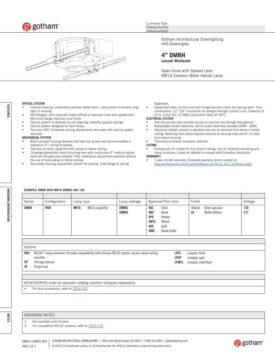 Gotham 4 DMRH Lensed Wallwash SpecSheet User Manual | 3 pages