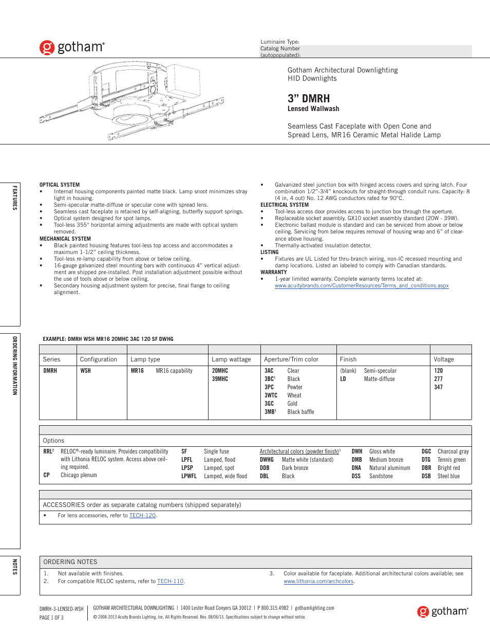 Gotham 3 DMRH Lensed Wallwash SpecSheet User Manual | 3 pages