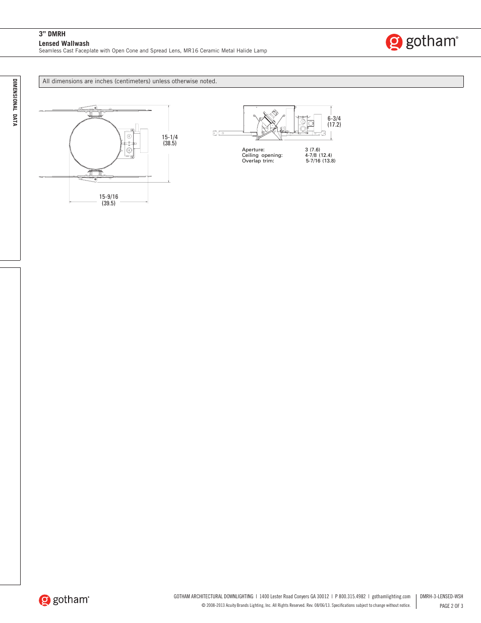 Gotham 3 DMRH Lensed Wallwash SpecSheet User Manual | Page 2 / 3