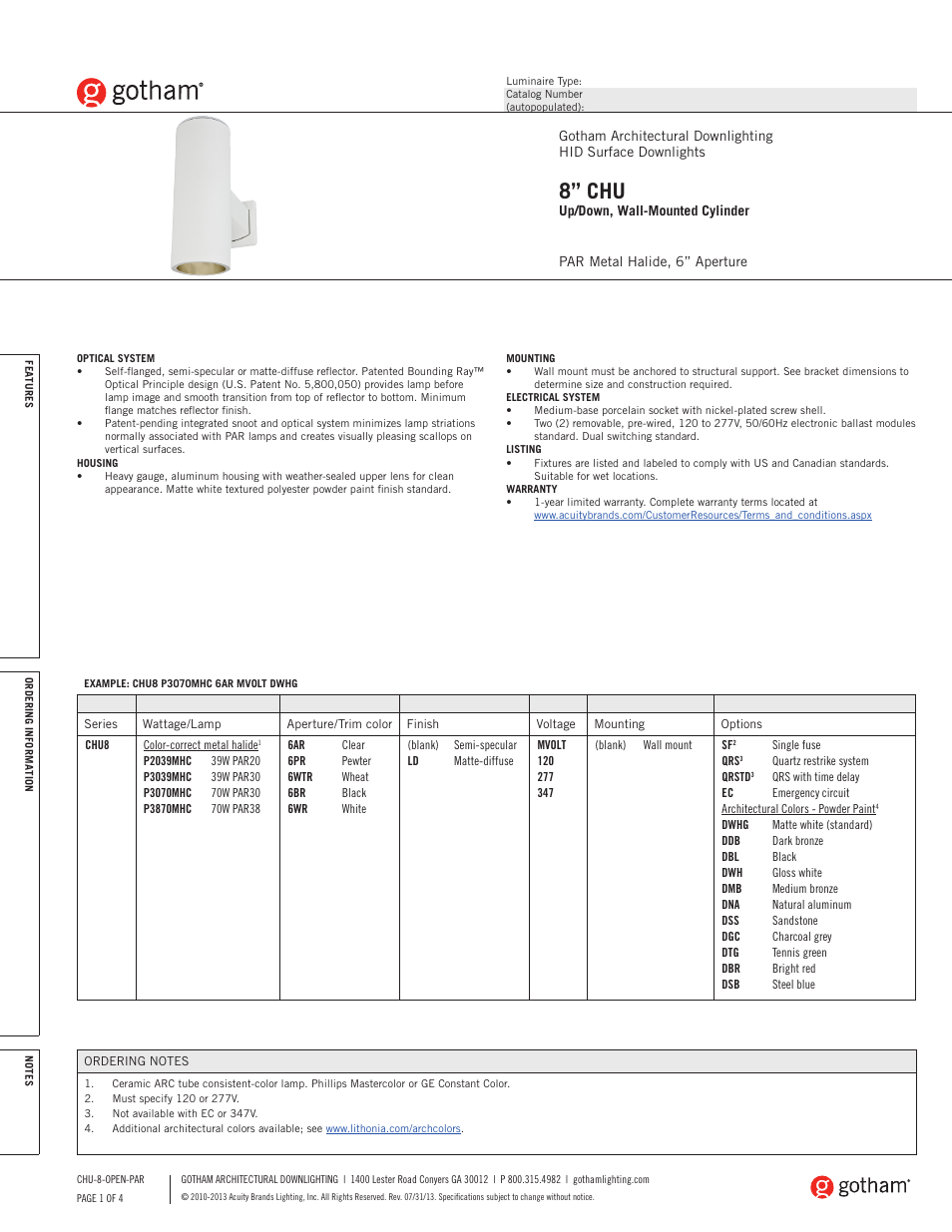 Gotham 8 CHU Up_Down, Wall-Mounted Cylinder PAR SpecSheet User Manual | 4 pages