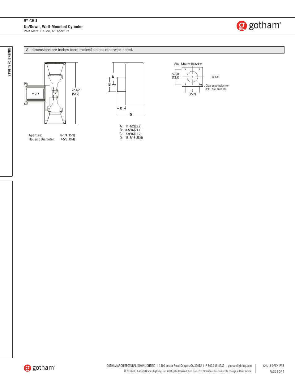 8” chu up/down, wall-mounted cylinder | Gotham 8 CHU Up_Down, Wall-Mounted Cylinder PAR SpecSheet User Manual | Page 2 / 4