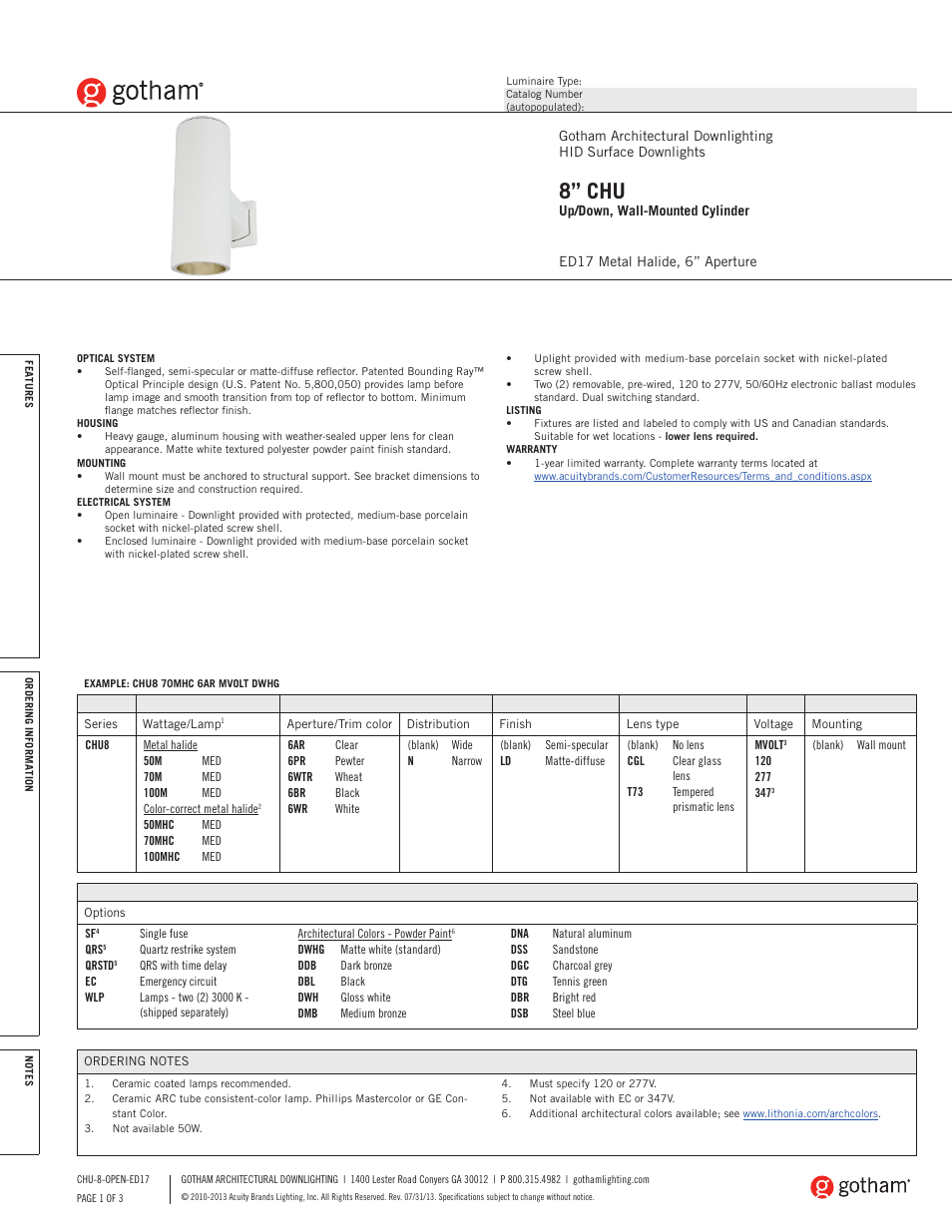 Gotham 8 CHU Up_Down, Wall-Mounted Cylinder ED17 SpecSheet User Manual | 3 pages