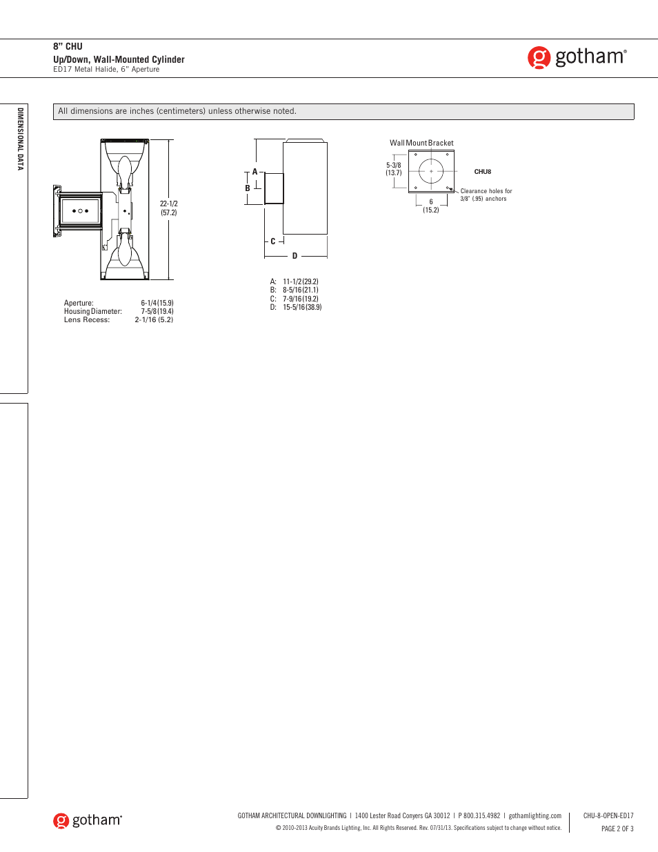 8” chu up/down, wall-mounted cylinder | Gotham 8 CHU Up_Down, Wall-Mounted Cylinder ED17 SpecSheet User Manual | Page 2 / 3