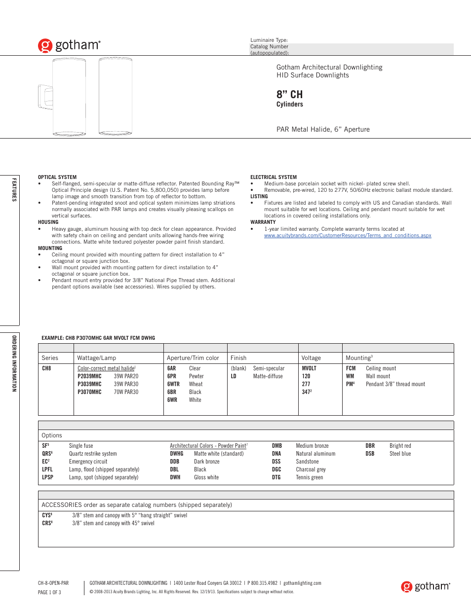 Gotham 8 CH Cylinder PAR SpecSheet User Manual | 3 pages