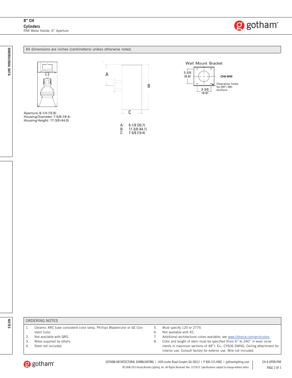 8” ch cylinders | Gotham 8 CH Cylinder PAR SpecSheet User Manual | Page 2 / 3