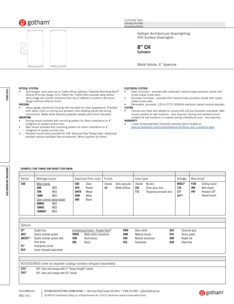 Gotham 8 CH Cylinder ED17 SpecSheet User Manual | 3 pages