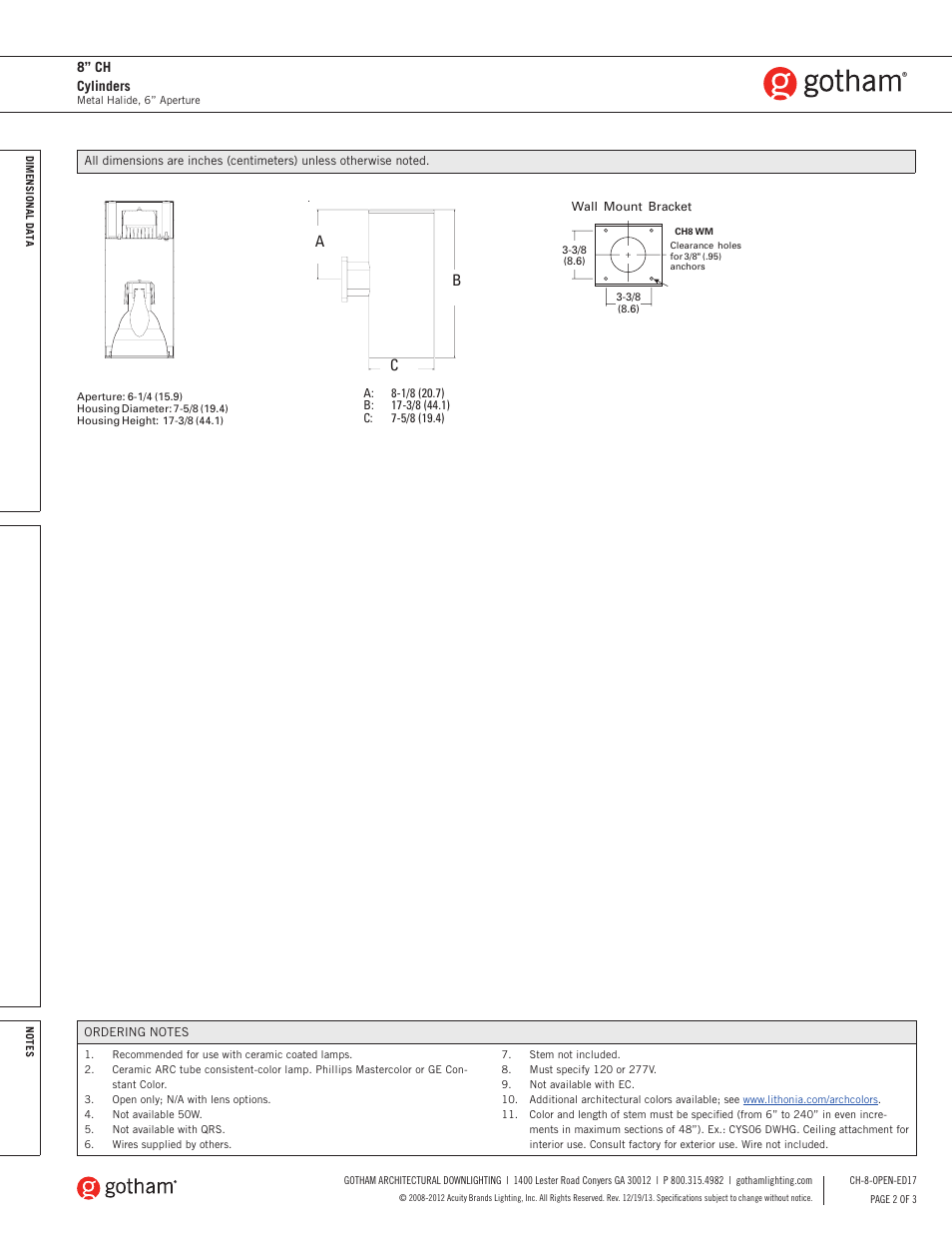 8” ch cylinders | Gotham 8 CH Cylinder ED17 SpecSheet User Manual | Page 2 / 3
