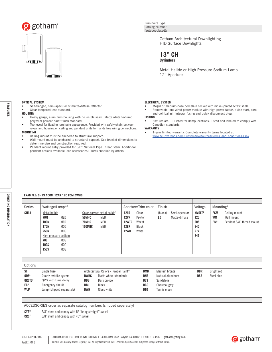 Gotham 13 CH Cylinder SpecSheet User Manual | 3 pages