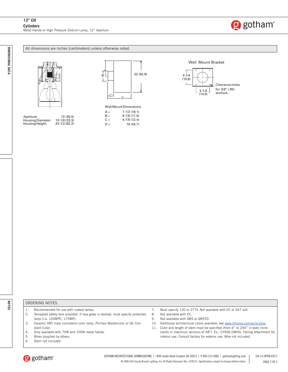 13” ch cylinders | Gotham 13 CH Cylinder SpecSheet User Manual | Page 2 / 3