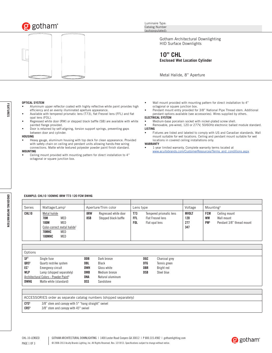 Gotham 10 CHL Enclosed Wet Location Cylinder SpecSheet User Manual | 3 pages