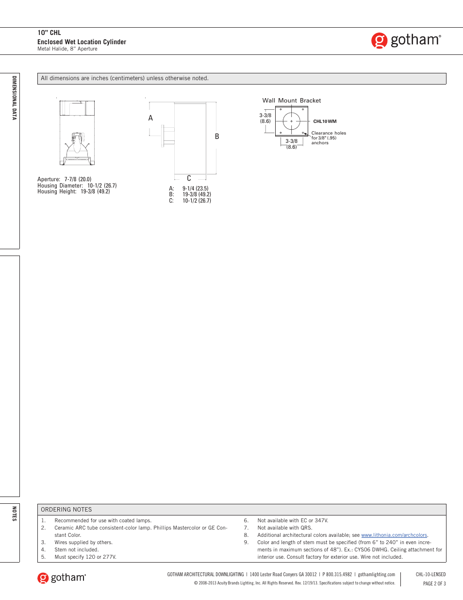 Ab c, 10” chl enclosed wet location cylinder | Gotham 10 CHL Enclosed Wet Location Cylinder SpecSheet User Manual | Page 2 / 3