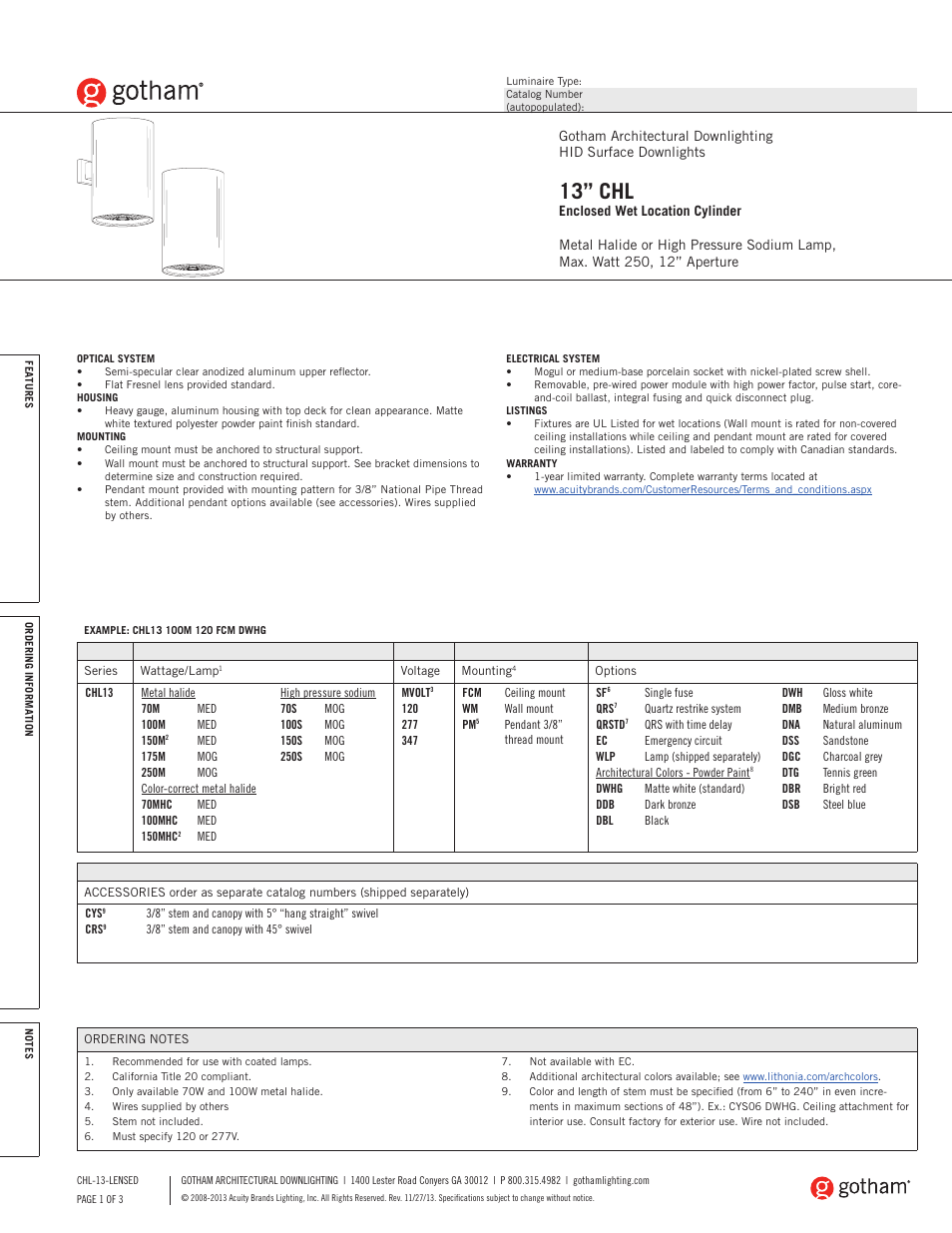 Gotham 13 CHL Enclosed Wet Location Cylinder SpecSheet User Manual | 3 pages
