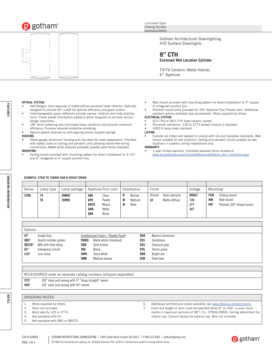 Gotham 8 CTH Enclosed Wet Location Cylinder SpecSheet User Manual | 4 pages