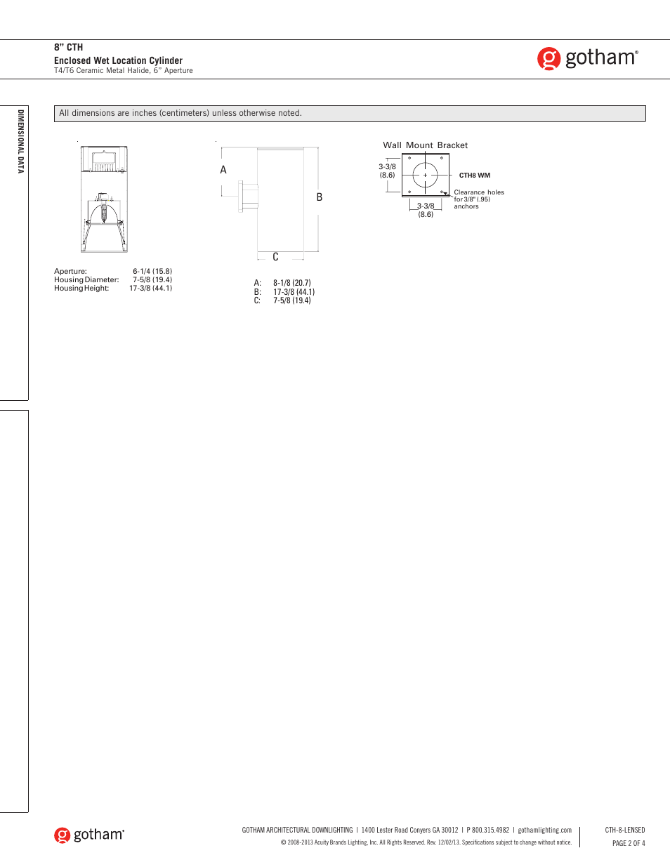 Gotham 8 CTH Enclosed Wet Location Cylinder SpecSheet User Manual | Page 2 / 4