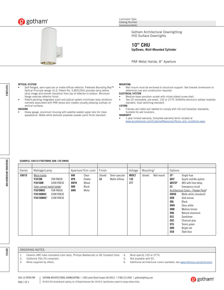 Gotham 10 CHU Up_Down, Wall-Mounted Cylinder PAR SpecSheet User Manual | 3 pages