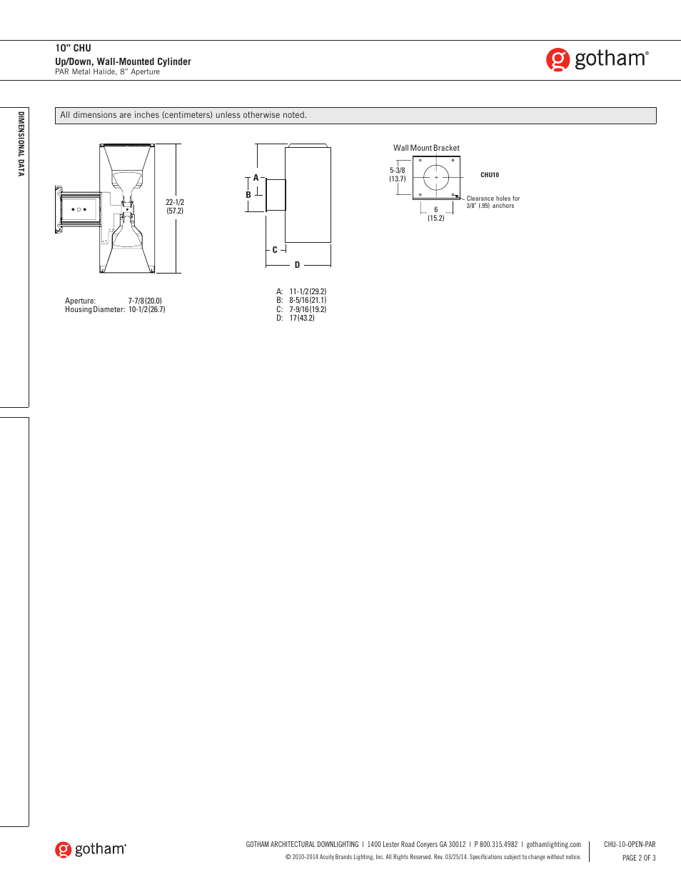 10” chu up/down, wall-mounted cylinder | Gotham 10 CHU Up_Down, Wall-Mounted Cylinder PAR SpecSheet User Manual | Page 2 / 3