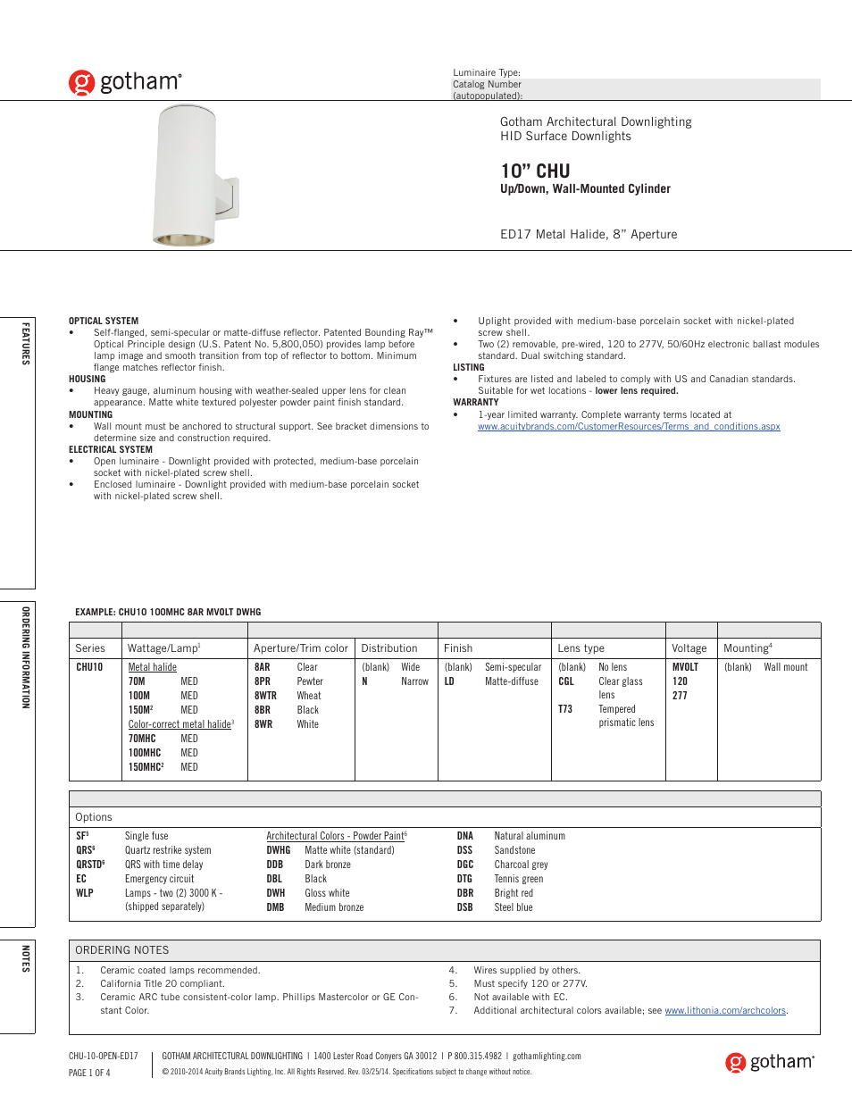 Gotham 10 CHU Up_Down, Wall-Mounted Cylinder ED17 SpecSheet User Manual | 3 pages