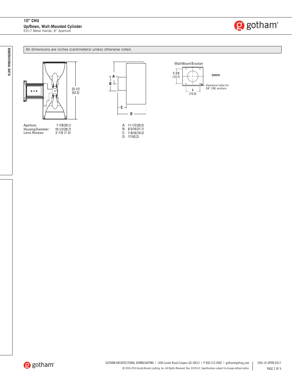 10” chu up/down, wall-mounted cylinder | Gotham 10 CHU Up_Down, Wall-Mounted Cylinder ED17 SpecSheet User Manual | Page 2 / 3