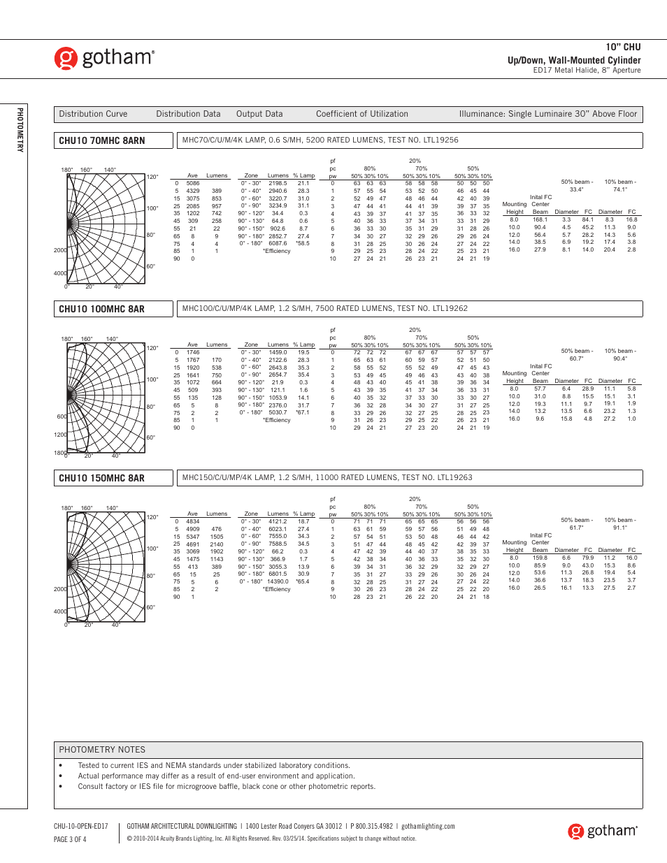 10” chu up/down, wall-mounted cylinder | Gotham 10 CHU Up_Down, Wall-Mounted Cylinder ED17 SpecSheet User Manual | Page 3 / 3