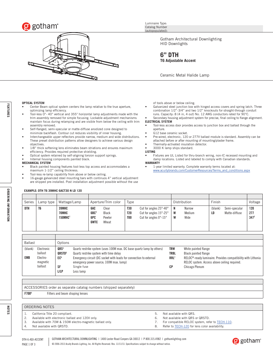 Gotham 6 DTH T6 Adjustable Accent SpecSheet User Manual | 3 pages