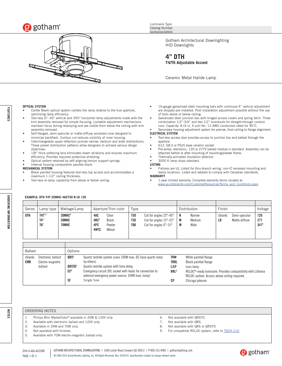 Gotham 4 DTH T4_T6 Adjustable Accent SpecSheet User Manual | 3 pages