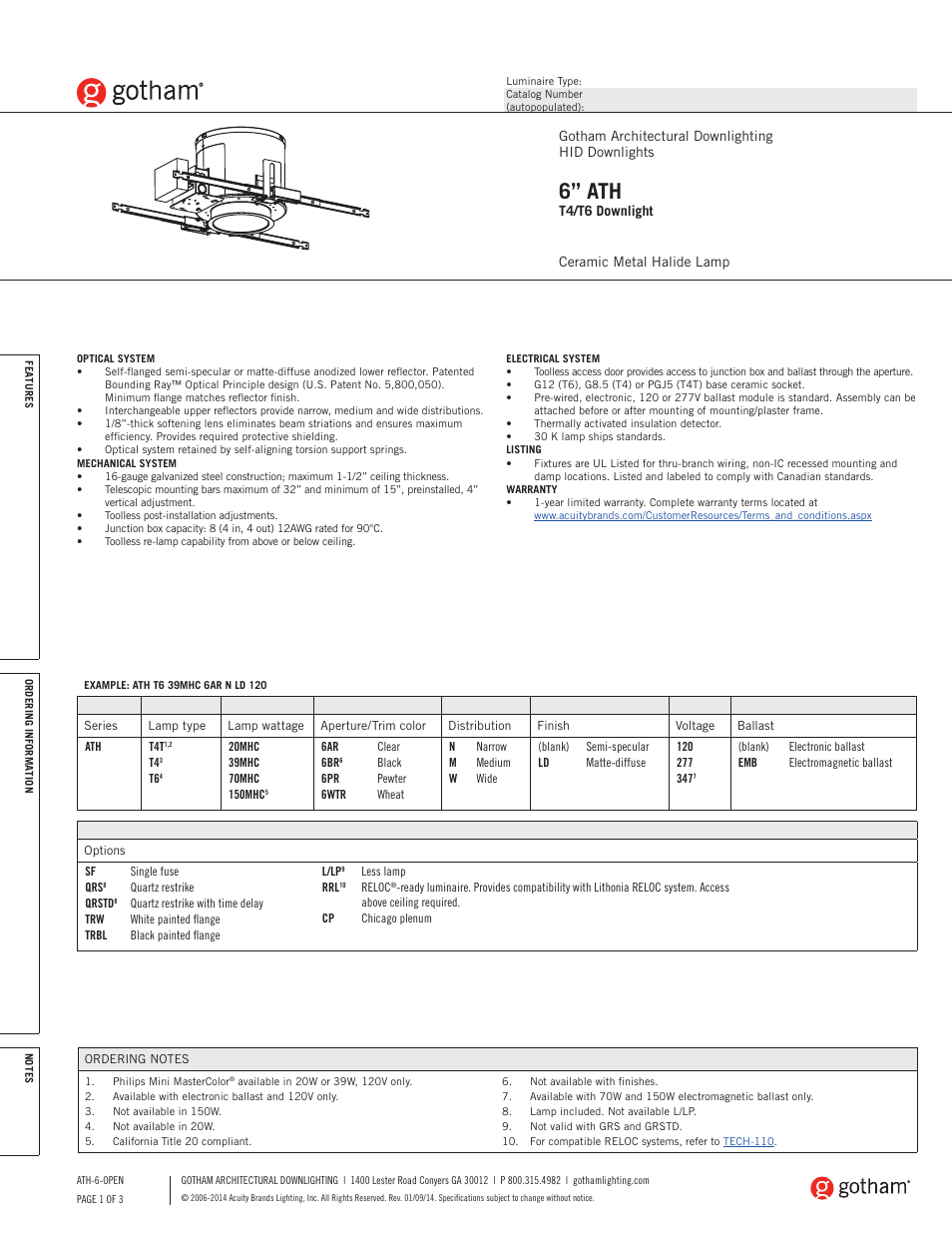 Gotham 6 ATH T4_T6 Downlight SpecSheet User Manual | 3 pages